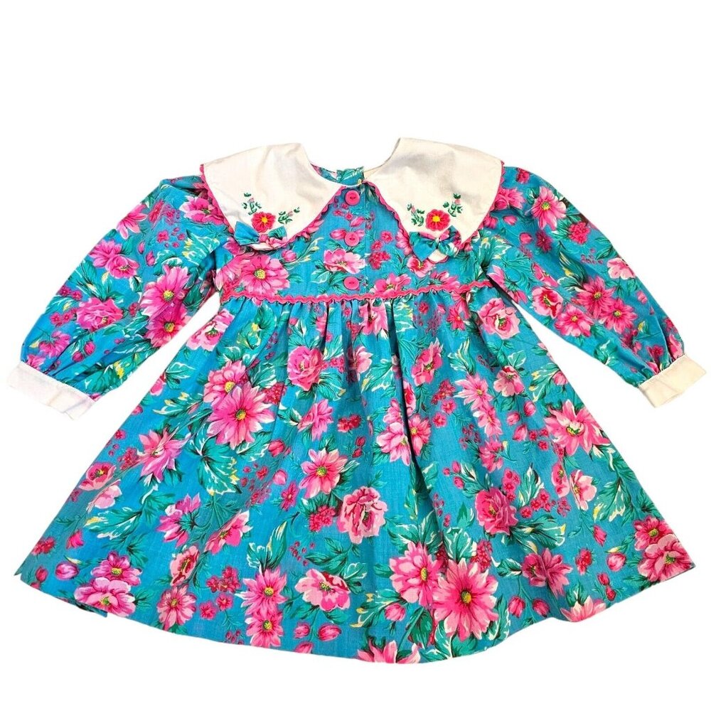 Vintage 90s Girls 3T‎ Party Dress Floral Teal Pink Collar Embroider Longsleeve